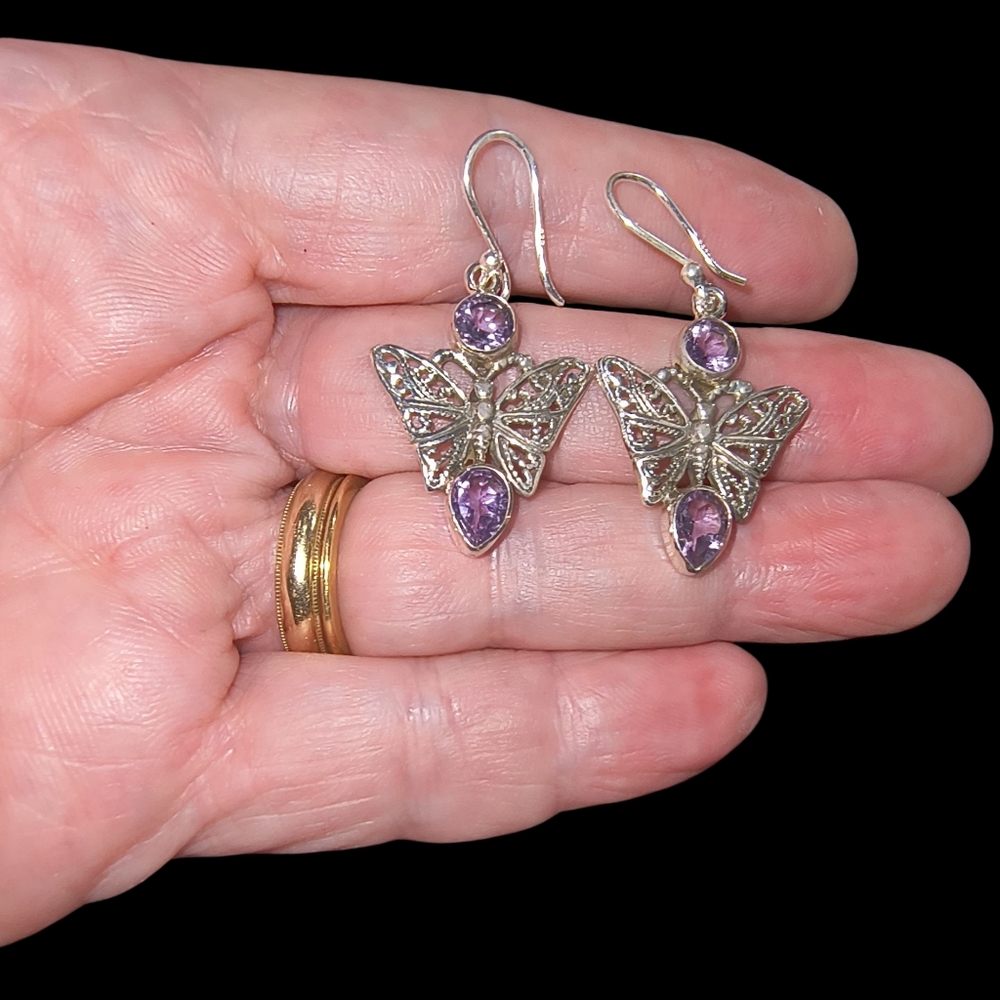 Sterling Silver Filigree Butterfly Earrings with Amethyst Gemstones - Picture 5 of 9